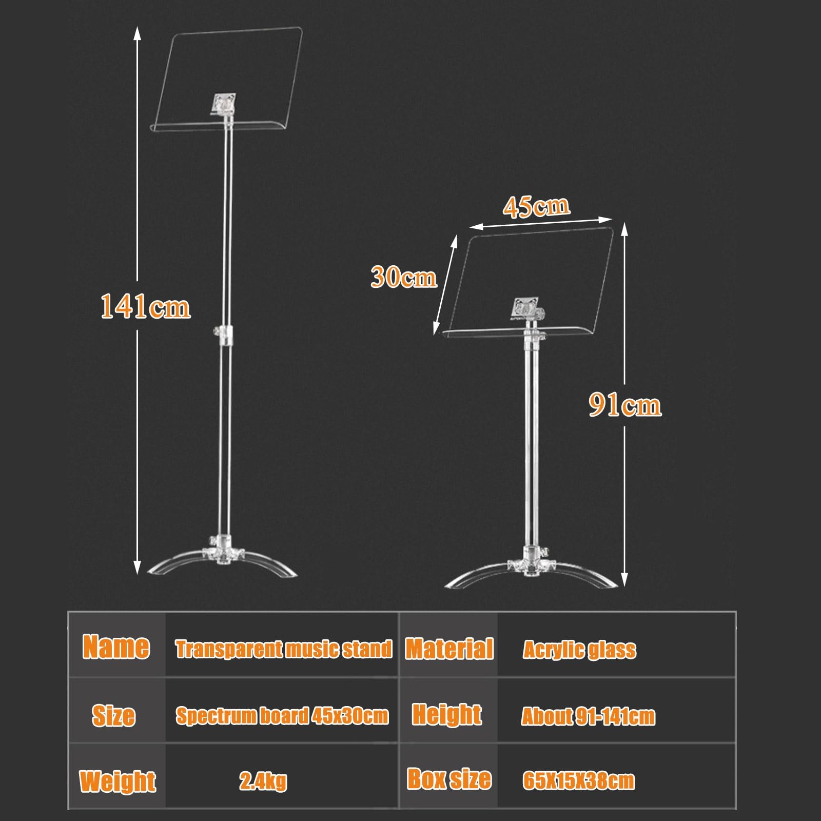 Leggio per Spartiti Regolabile, Leggio per Conduttore in Acrilico Trasparente, Supporto Professionale per Spartiti, 91-141 Cm Sollevabile, Stabilizzante, per Chitarra, Ukul,