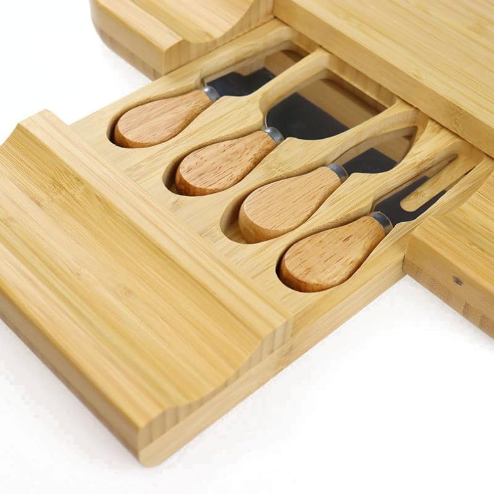 AJARVAR Organic Bamboo Cheese Board Gift Set - Wooden Charcuterie Platter Serving Tray for Meat, Fruit & Crackers - Includes 4 Stainless Steel Knives, Slate Labels-Po1 2
