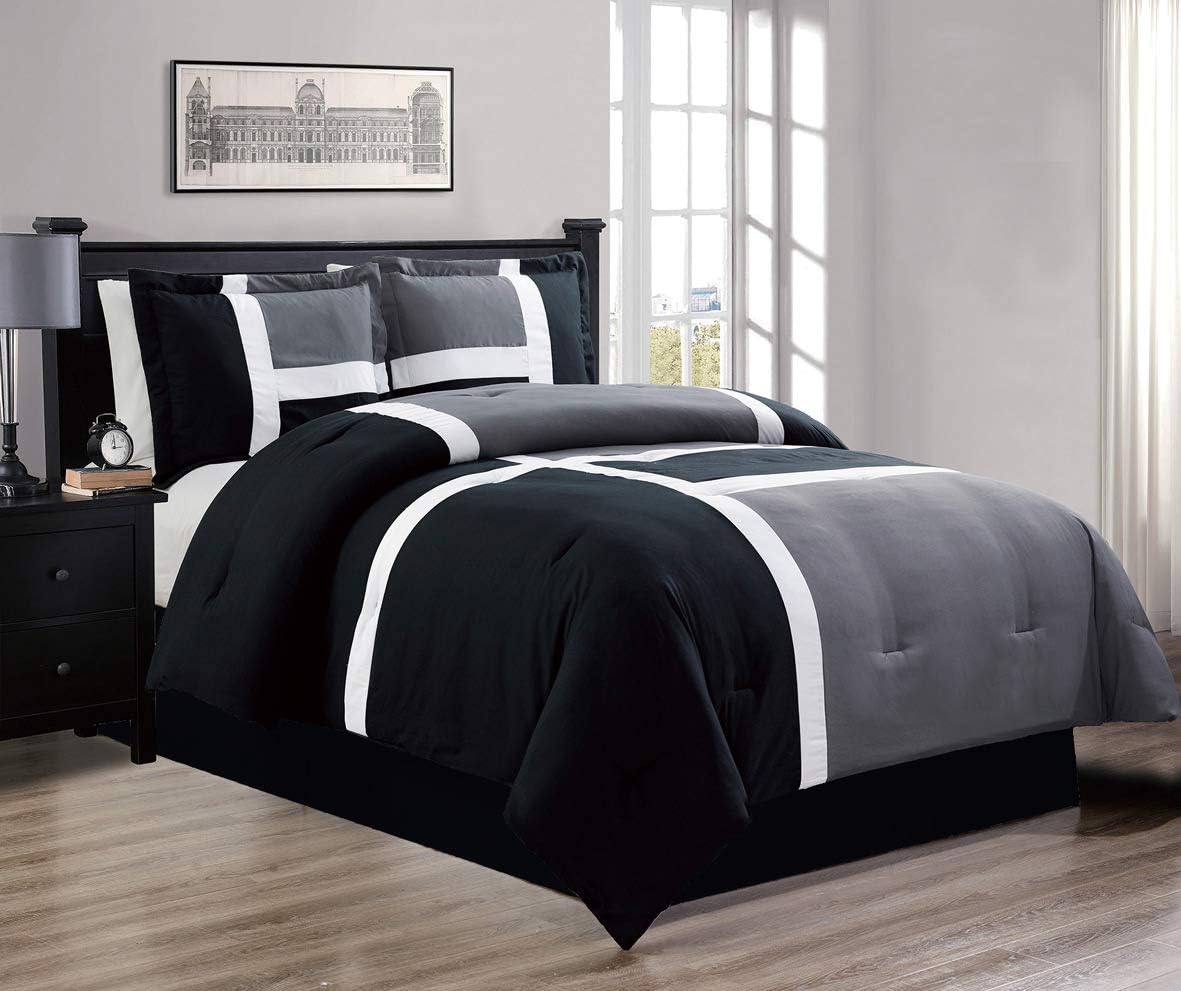 4-Piece All-Season Down Alternative Quilted Patchwork King Size Comforter Set- Summer Cooling Ultra Soft Bedding- Plush Microfiber Fill - Machine Washable (Black, Grey, White)