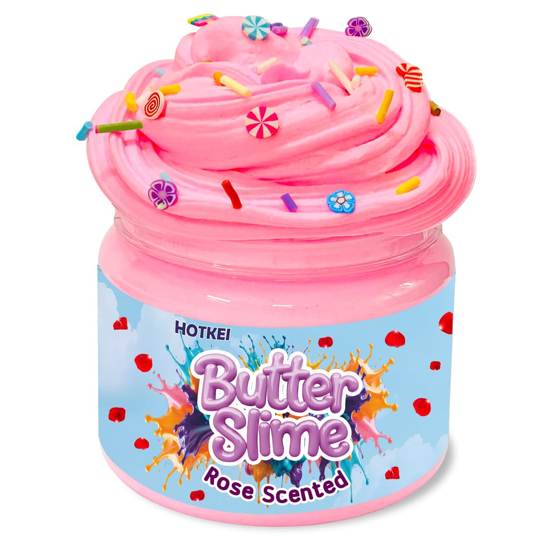 HOTKEI Pink Rose Scented Butter Slime for Kids 3 to 10 Years Kit Set with Sprinkles Candy Charms Soft Stretchy Toy Birthday Return Gift Toys for Kids Boys Girls Birthday