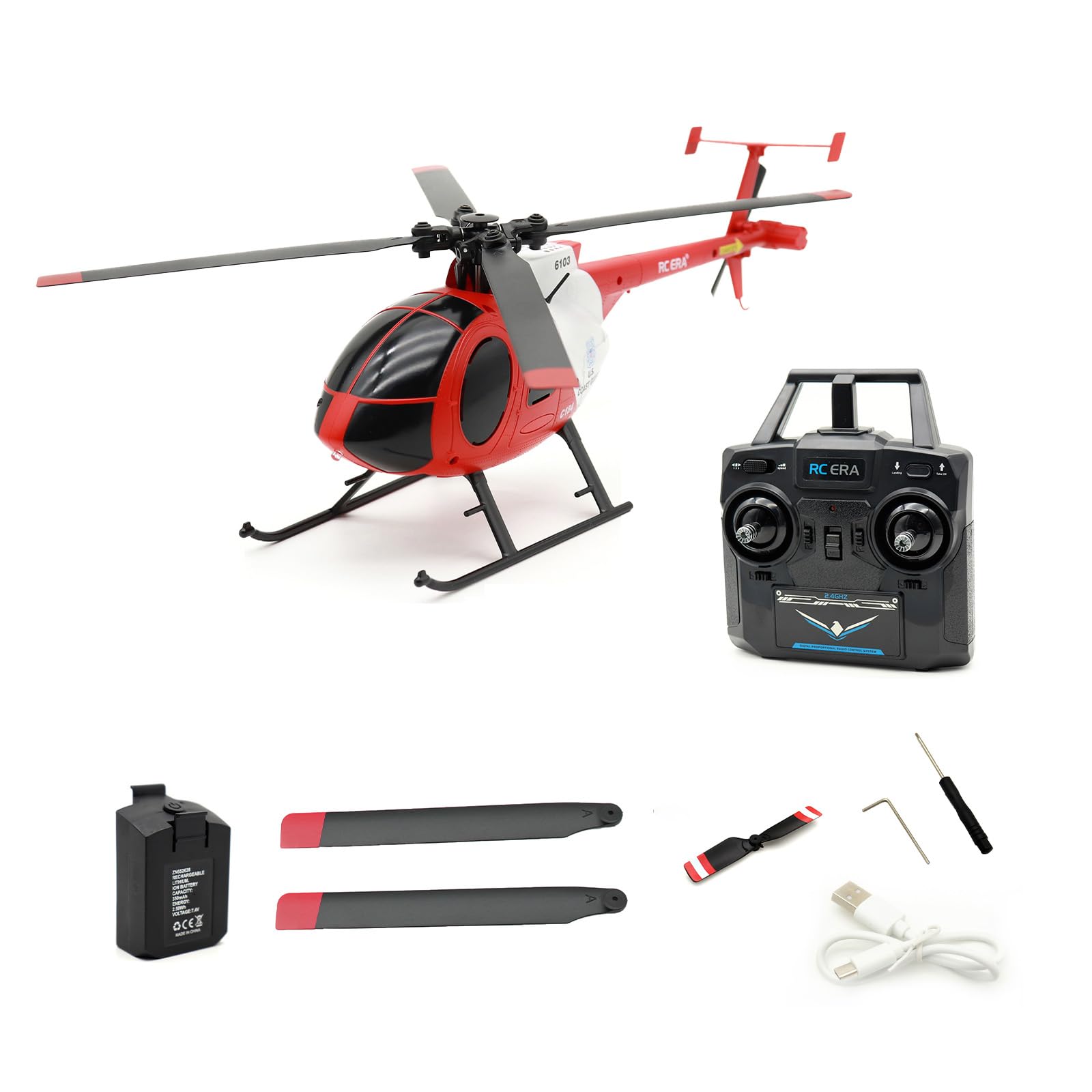 NULA RC-ERA C184 MD500 4CH RC Helicopter, 6-Axis Gyro Stabilized Flybarless Optical Flow Remote Control Helicopter RC Aircraft Outdoor For Adults & Beginners -Red /1 Battery