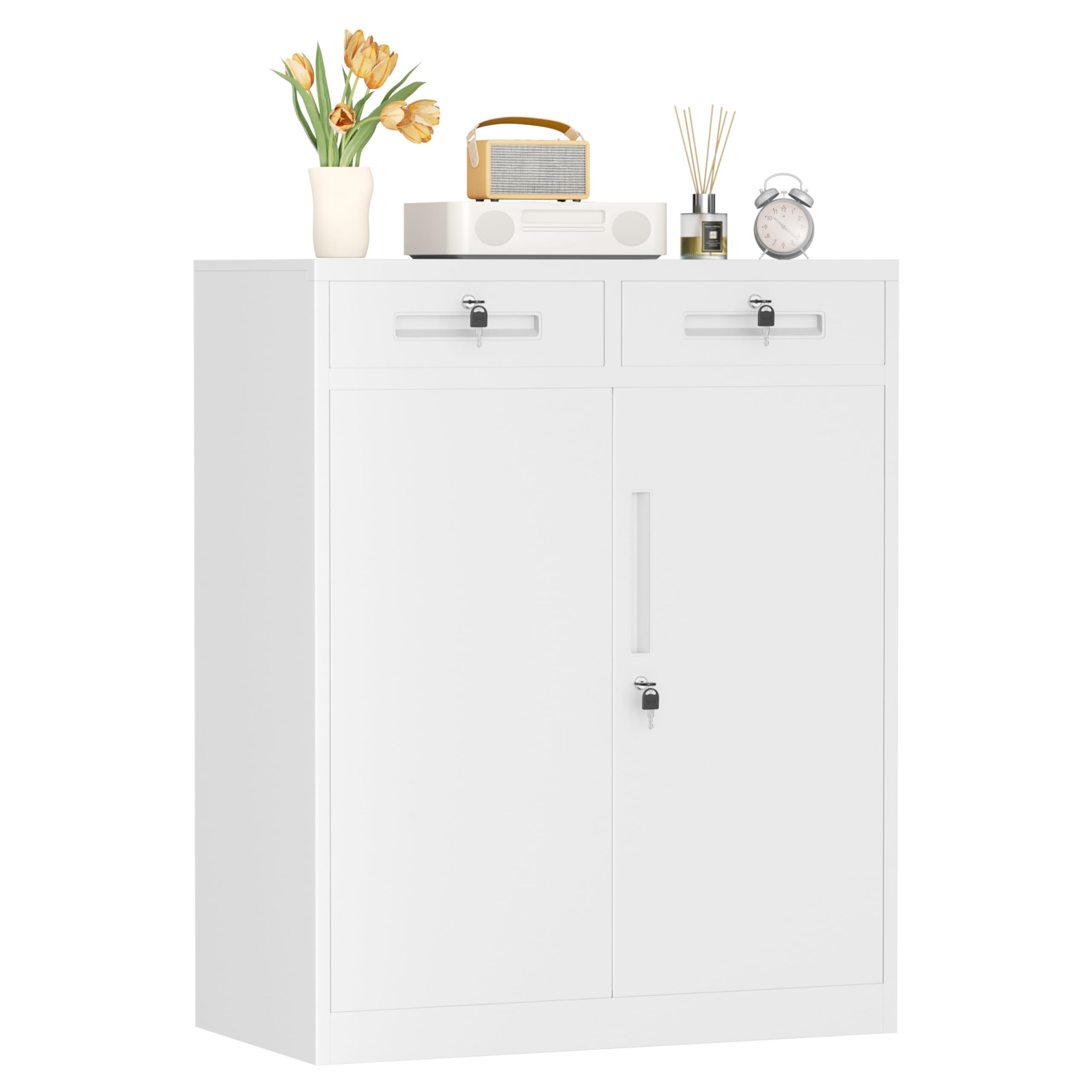 INTERGREAT Metal Garage Storage Cabinets with Lock,Steel Storage Cabinet with Drawer and 2 Adjustable Shelves, Small Lockable Office Steel Cabinet for Home, Warehouse, School, White