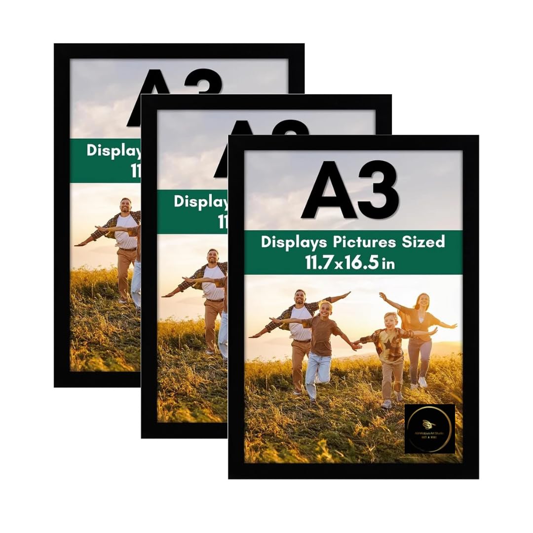 Plastic Rectangular 12x18Inch Photo Frame A3 Size Photo Frame Large For Wall Artwork/Painting Home Decor Black Frame (12x18) Set of 3