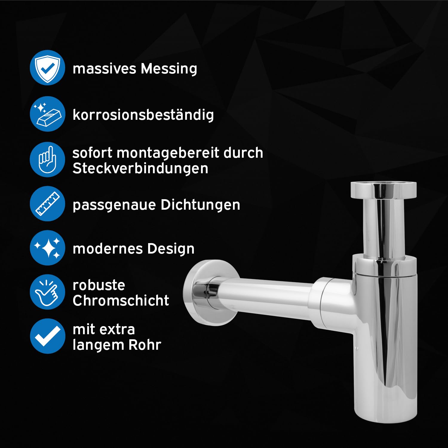 kör4u Premium Design syfon okrągły, chrom, uniwersalny – 1 1/4 cala x 32 mm, w zestawie uszczelki, zamknięcie zapachowe, syfon do umywalki w łazience, długa rura odpływowa