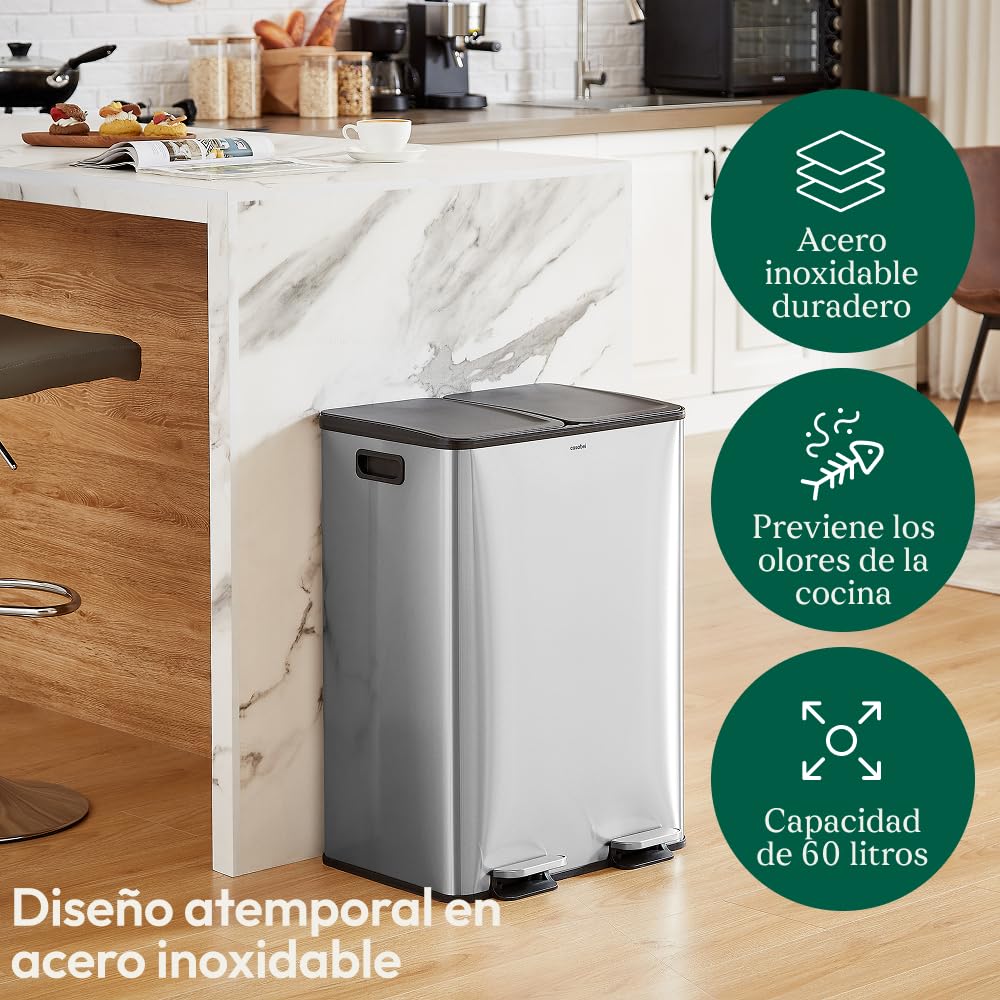 CASABEL Cubo de basura de cocina doble 2x30L en acero inoxidable, cromado | Doble compartimento, Reciclaje selectivo, 2 pedales, Antihuellas, Tapas herméticas, Cubos extraíbles, Fácil mantenimiento