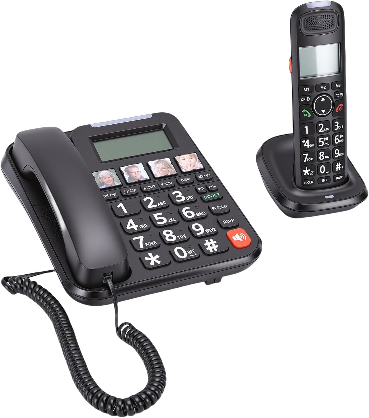 PUSOKEI Expandable Corded/Cordless Phone System, Big Buttons Phone for Elderly, Full Duplex Handsfree Call, Caller ID, Backlit Display, Volume Control, Wall/Desk Mount