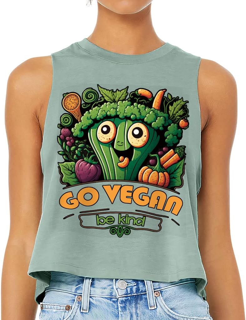 Go Vegan Be Kind Racerback Cropped Tank - Print Women's Tank - Cartoon Tank Top
