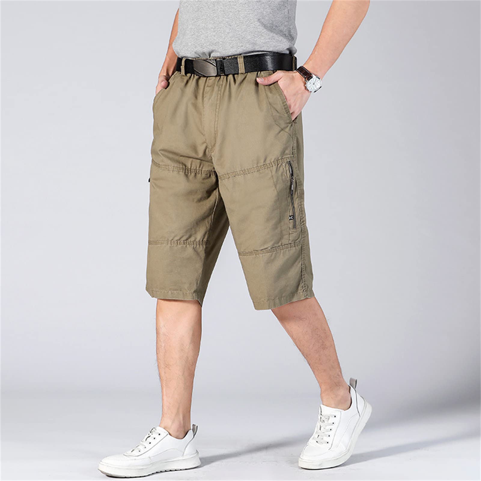 Maiyifu-GJ Men's Outdoor Zipper Pocket Cargo Shorts Elastic Waist Hiking Tactical Shorts Multi Pockets 3/4 Long Short Pants (Khaki,Large)