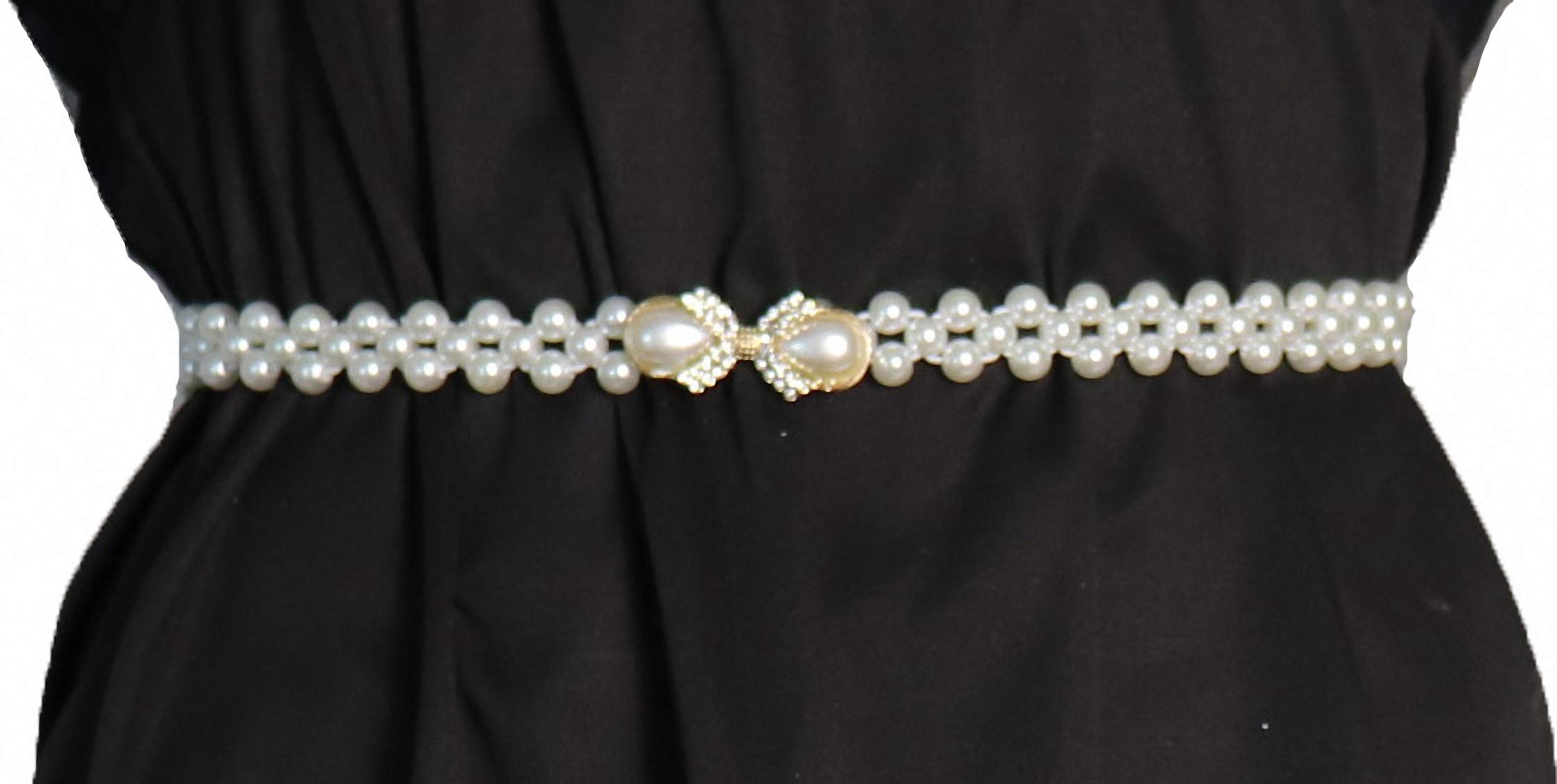 Ulalaza Women Stretch Pearl Belt,Rhinestones Interlocking Buckle Dress Elastic Waist Belts for Party Dress and Wedding Dresses Sash