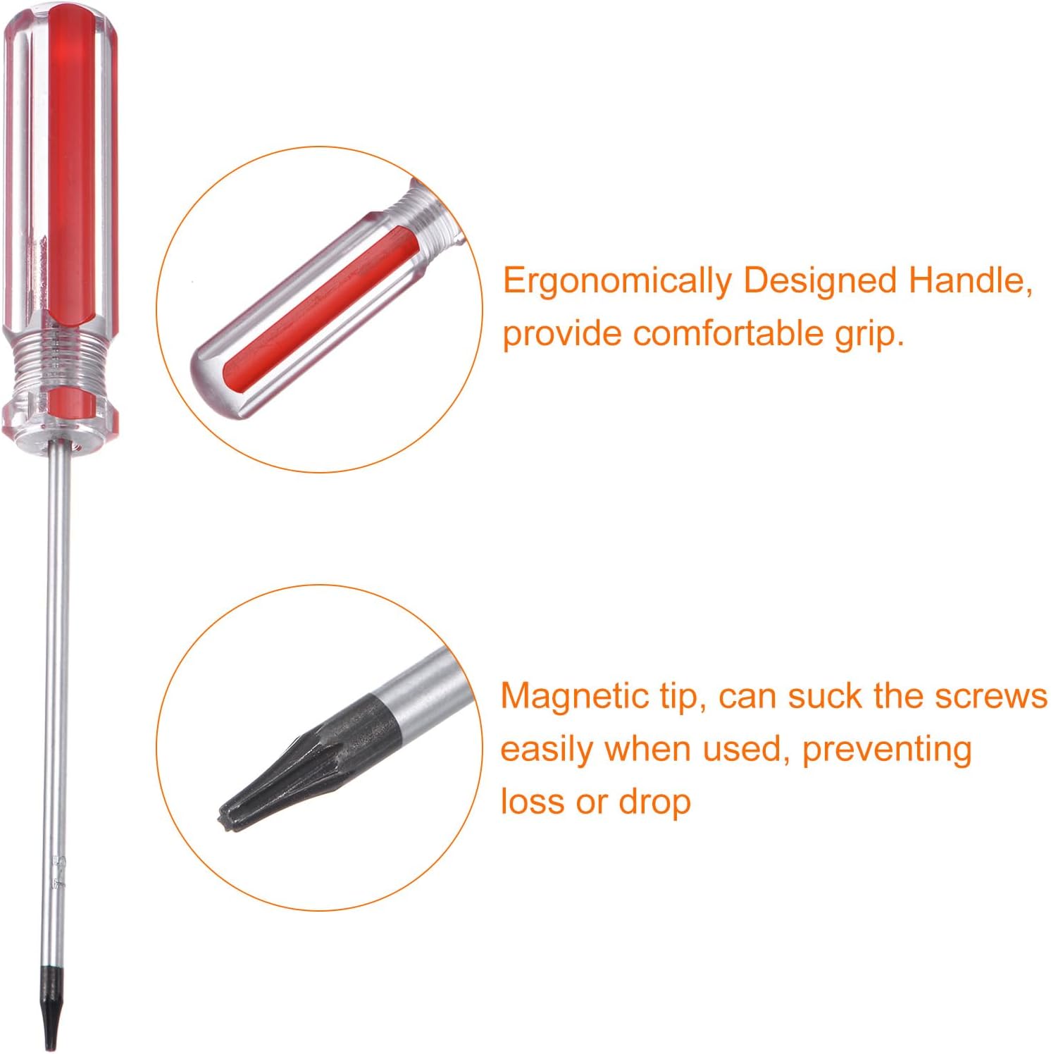 HARFINGTON Magnetic Torx Screwdriver 3x75mm Rod T5 Steel Star 6 Point Head Screw Driver with Non-slip Handle for Appliances Repair Improvement, Red
