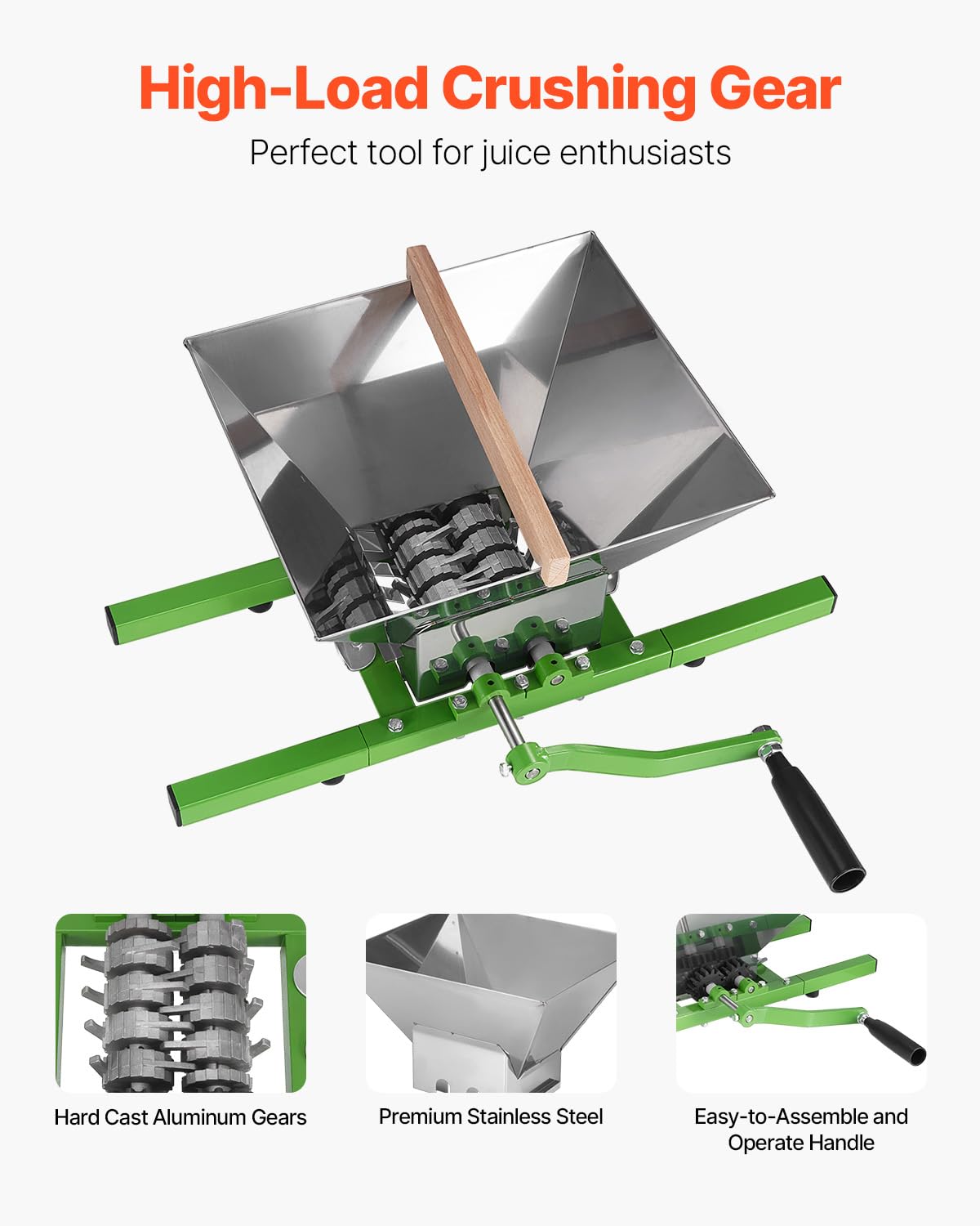 VEVOR Triturador de Frutas y Manzanas 7 L, Molinillo Manual Grande, Raspador de Frutas Acero Inoxidable para Prensar Vino, Sidra, Manzanas y Uvas, con Mango de Rodillo, Verde, 570 x 510 x 260 mm