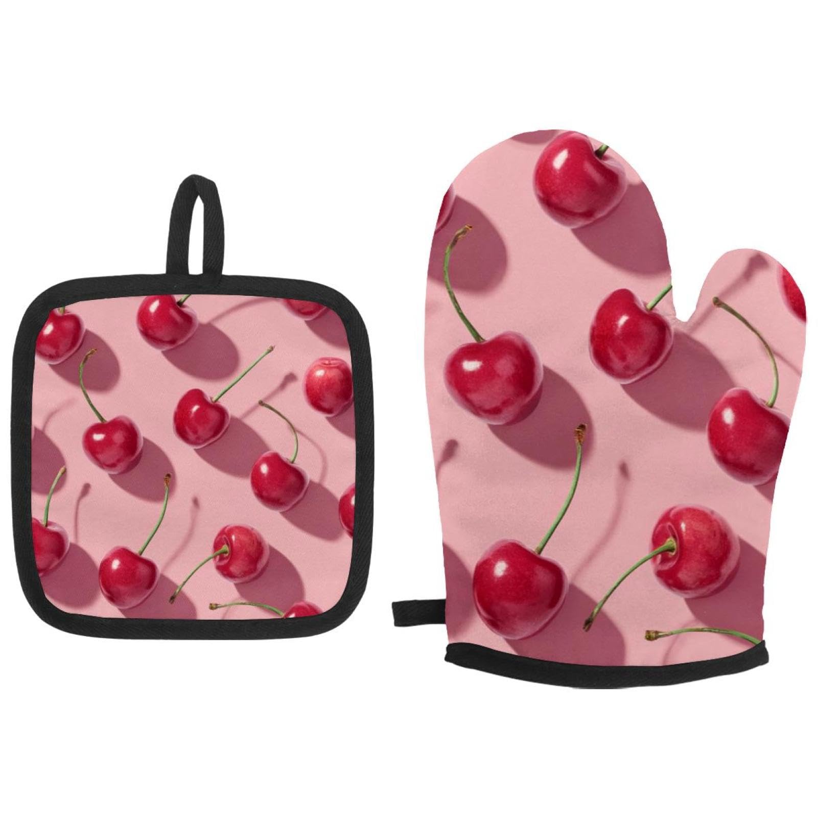 Maniques et maniques roses motif cerise lavables pour cuisine et grillades