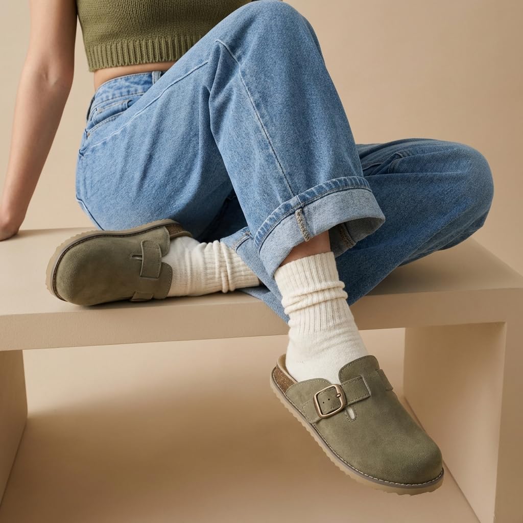CUSHIONAIRE Women's Blain Genuine Suede Slip-On Clogs with + Memory Foam & Chic Buckle Mule - Comfortable, Non-Slip, Wide Widths Available - Image 2