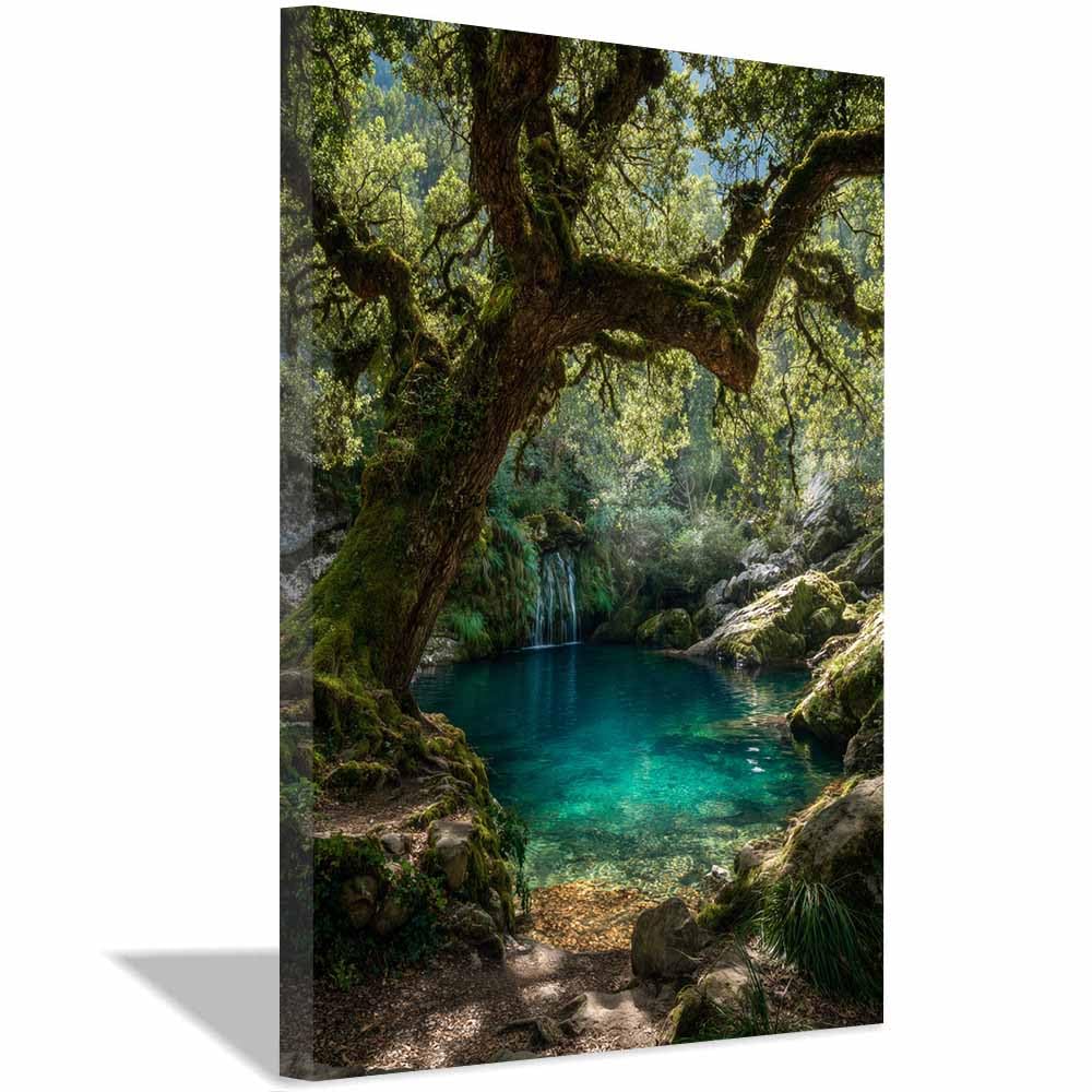 HOQIU Beautiful wall art Mossy Forestss Waterfall canvas artwork for wall, art prints, For living room, bedroom, bathroom, dining room, painting and decor.(Multicolor)-60x80cm Framed