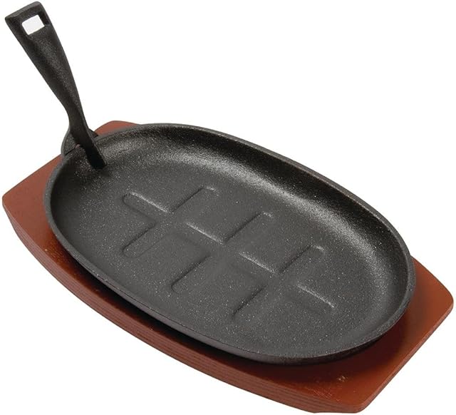 Vogue Olympia Cast Iron Oval Sizzler With Wooden Stand Large 280X190mm Dish