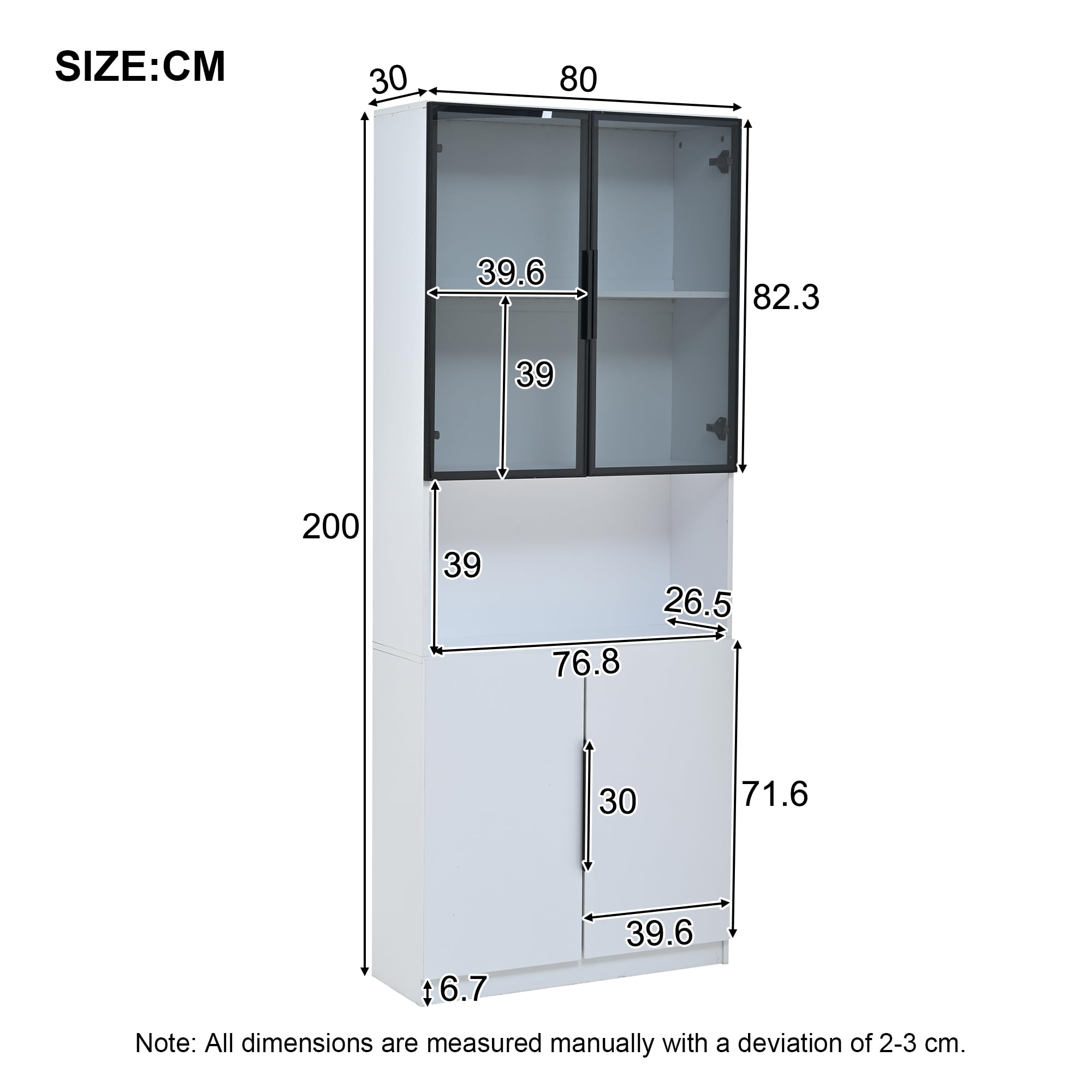 Vitrina de Cristal Armario de Vitrina con Iluminación LED 200 cm, Estantería Aparador con Estantes Ajustables y Puertas para Salon, Mueble Auxiliar Expositora para Comedor Dormitorio (Blanco)