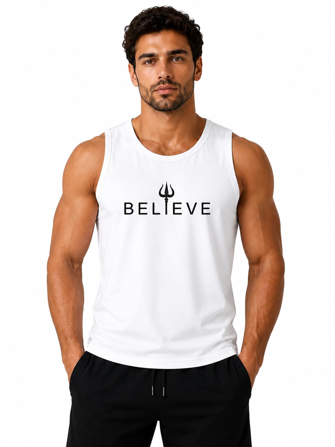 Men's Believe Printed Sleeveless Gym Vest | Round Neck Workout Tank Top for Gym, Running & Activewear-image-17