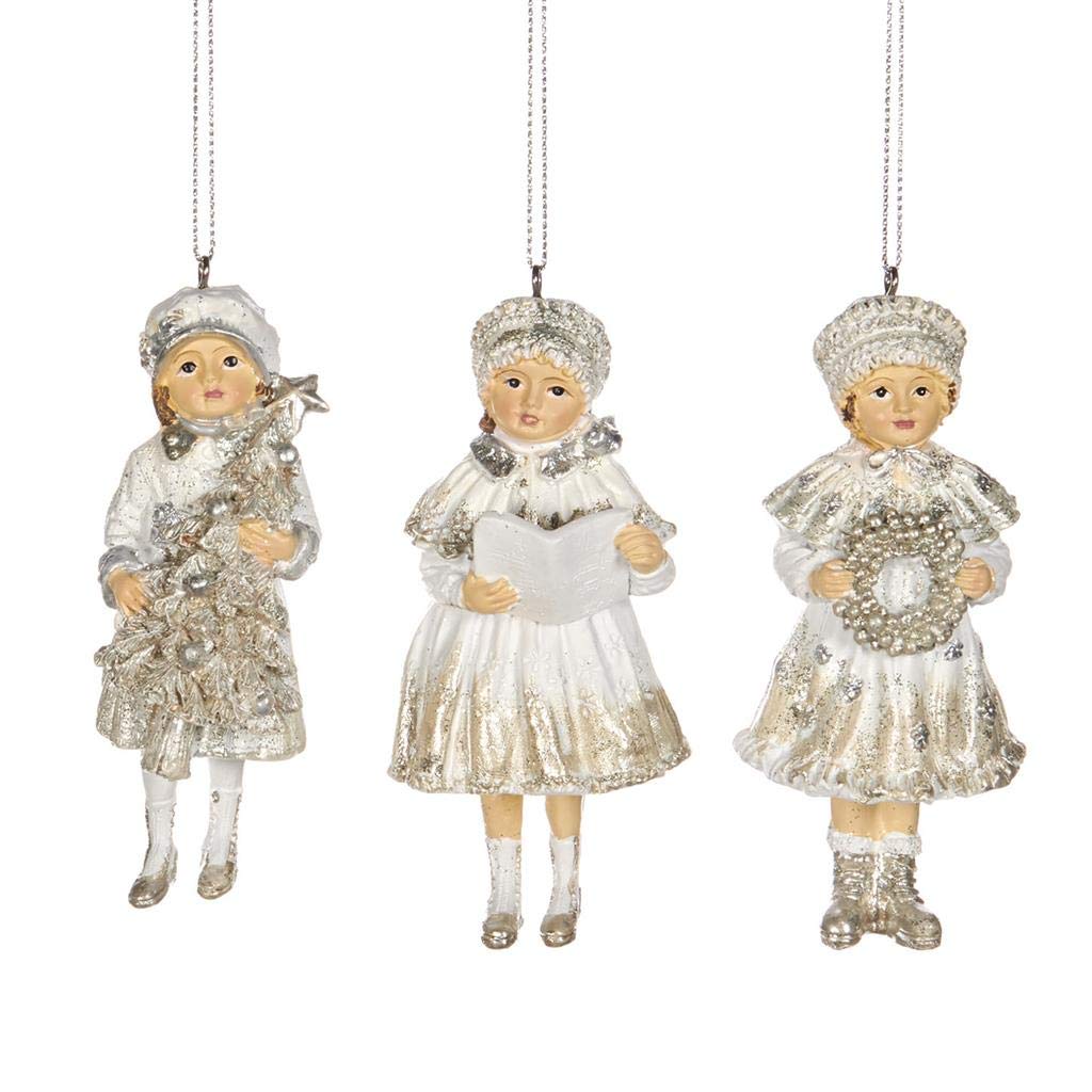 Goodwill Girls Silver Peacock Goodwill: Victorian Children Three Holding Christmas Tree Wreath And Book Champagne Gold And White Resin Figurine 12 Centimeter Set Of 3
