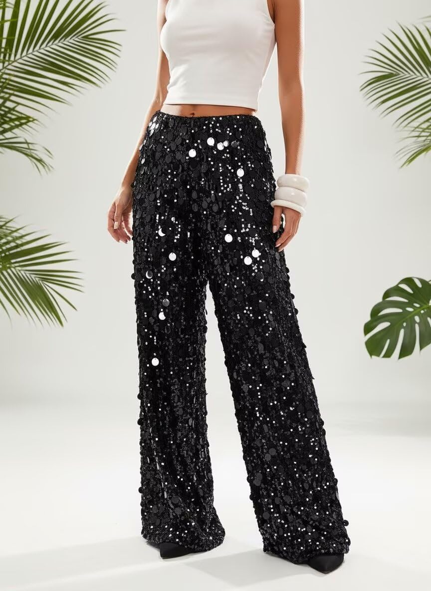Sequin Pants for Women Sparkly Glitter Womens Pants Dressy Casual Shiny Drawstring Wide Leg Trousers