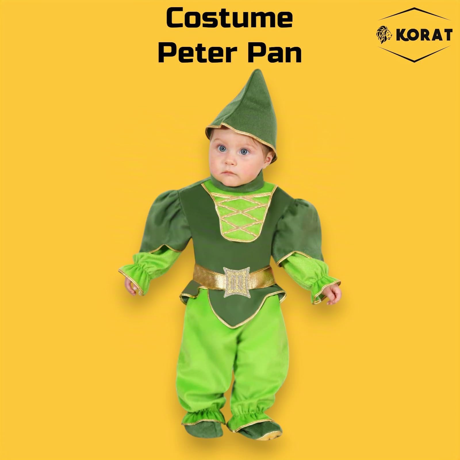 KORAT - Costume Peter Pan Neonato 3/6–13/18 Mesi – Travestimento Carnevale con Cappello Casacca Cintura Pantalone e Copriscarpette – Costume Fiaba Design Italiano per Bambini