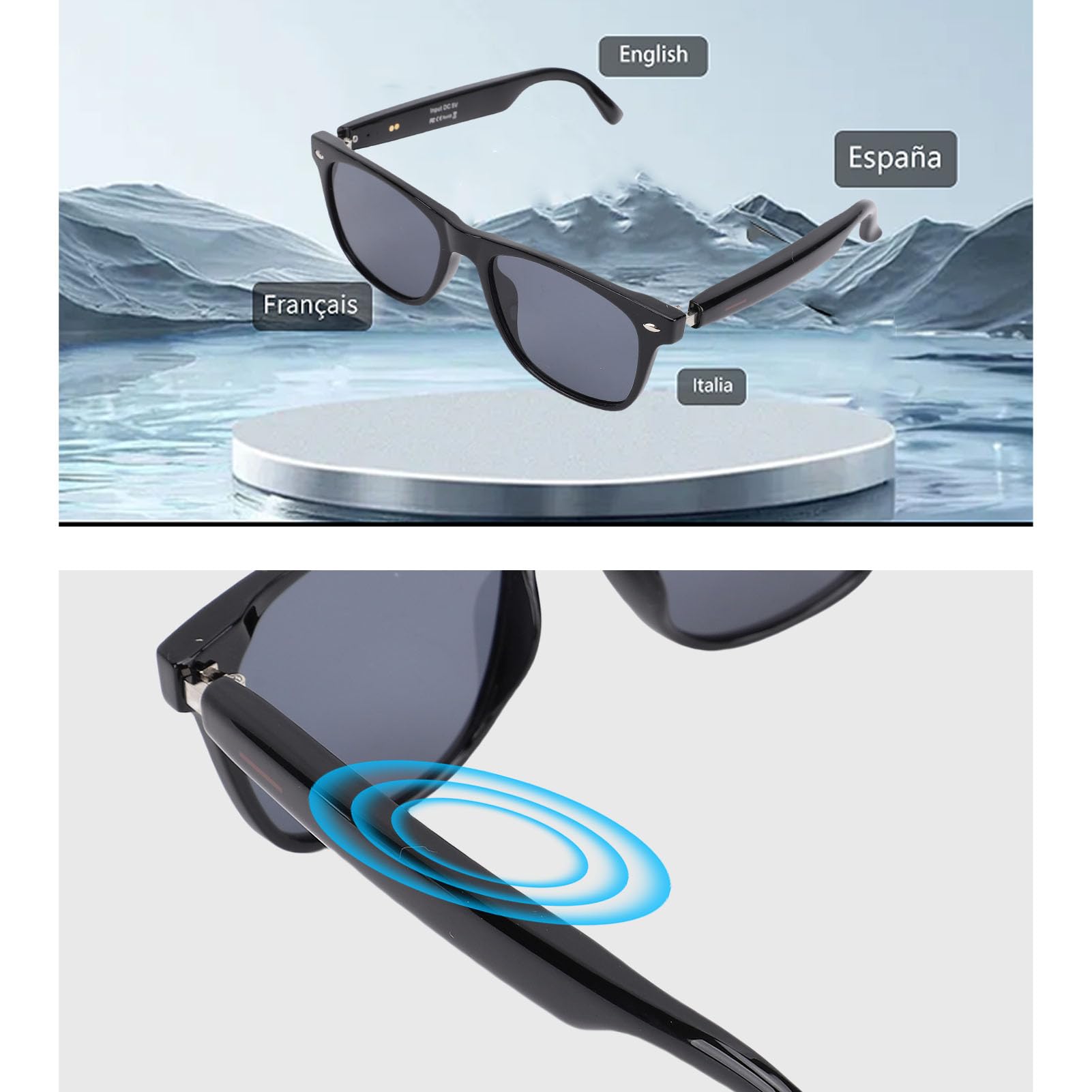 AI Smart Glasses 144 Lingue Traduzione in Tempo Reale, Occhiali da Sole Bluetooth 5.4 con Controllo Touch, IP65 Acqua Integrata in Microfono/Altoparlante, per Viaggi (cornice