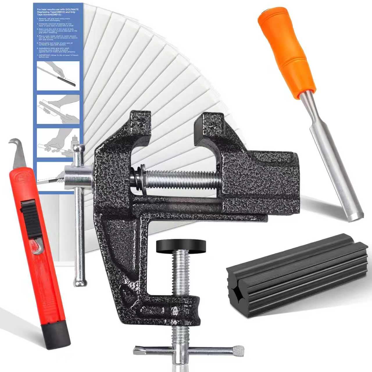 YIMISIMON Golf Grip Regripping Kit for Home Use | Includes Retractable Hook Blade, 15 Grip Tape, Grip Tape Remover, Portable Table Vise & Rubber Clamp