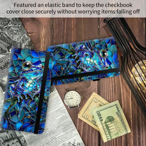 Image of FUYOCWE Stained Glass Blue Frog Checkbook Cover for Men & Women | RFID Blocking Vegan Leather Checkbook Case Card Holder for Personal and Business Checks with Pen Holder & Elastic Band