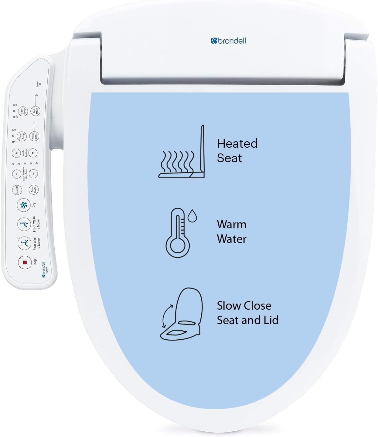 - Brondell SE400-EW Swash SE400 Electric Bidet Toilet Seat With Heated Seat, Oscillating Stainless Steel Nozzle, Warm Air Dryer, Night Light, Gentle Close Lid, White Side Arm Control, Elongated