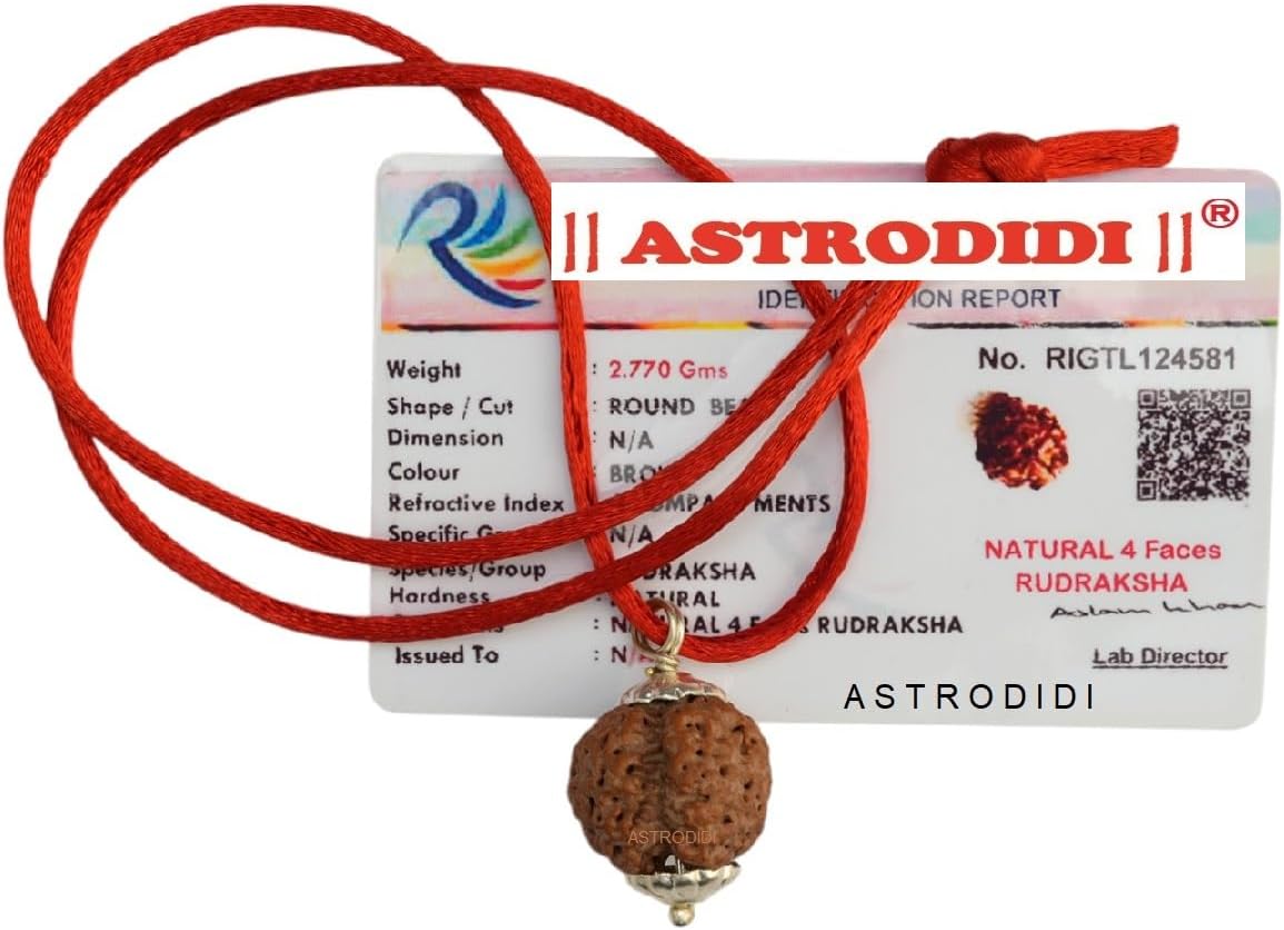 ASTRODIDI 4 Mukhi Rudraksha Pendant with Lab Certified | Nepali Four Face Original Rudraksh | Astrological Benefits | Unisex Design for Men & Women Boys and Girls