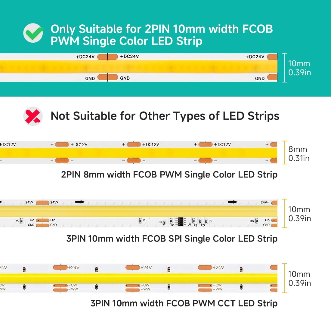 BTF-LIGHTING FCOB COB 10mm 0.39in Connector Kit 14pcs Transparent Connector 5pcs 15cm Long 20AWG Extension Wires for Non-Wired Gapless Solderless,FCOB 2 pin v+ v- Single Color Strip Corner Connection - Image 6