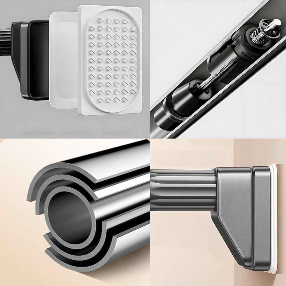 Barra telescópica de tensión de 33 mm, acero inoxidable, no daña, expandible, 40-500 cm, divisor de ducha con bandeja para tarjetas, color plateado, se adapta a espacios de 210-300 cm