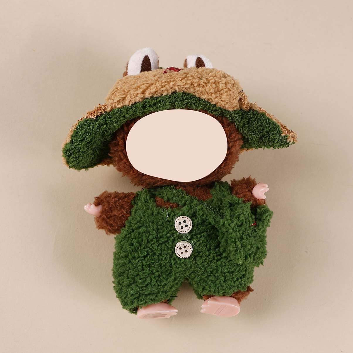 Compatible with Labubu (NO Doll) - Khaki-Green Frog Hat + Forest Overalls Set, 15cm/17cm Doll Clothing (Green)