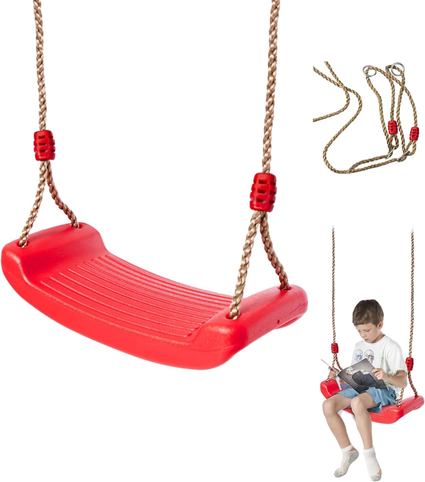โ IFOYO Kids Swing Seat - Outdoor 220lbs/100kg Weight Capacity, Steel Rope & Weatherproof Seat for Backyard/Playground (Ages 3-10, Red)