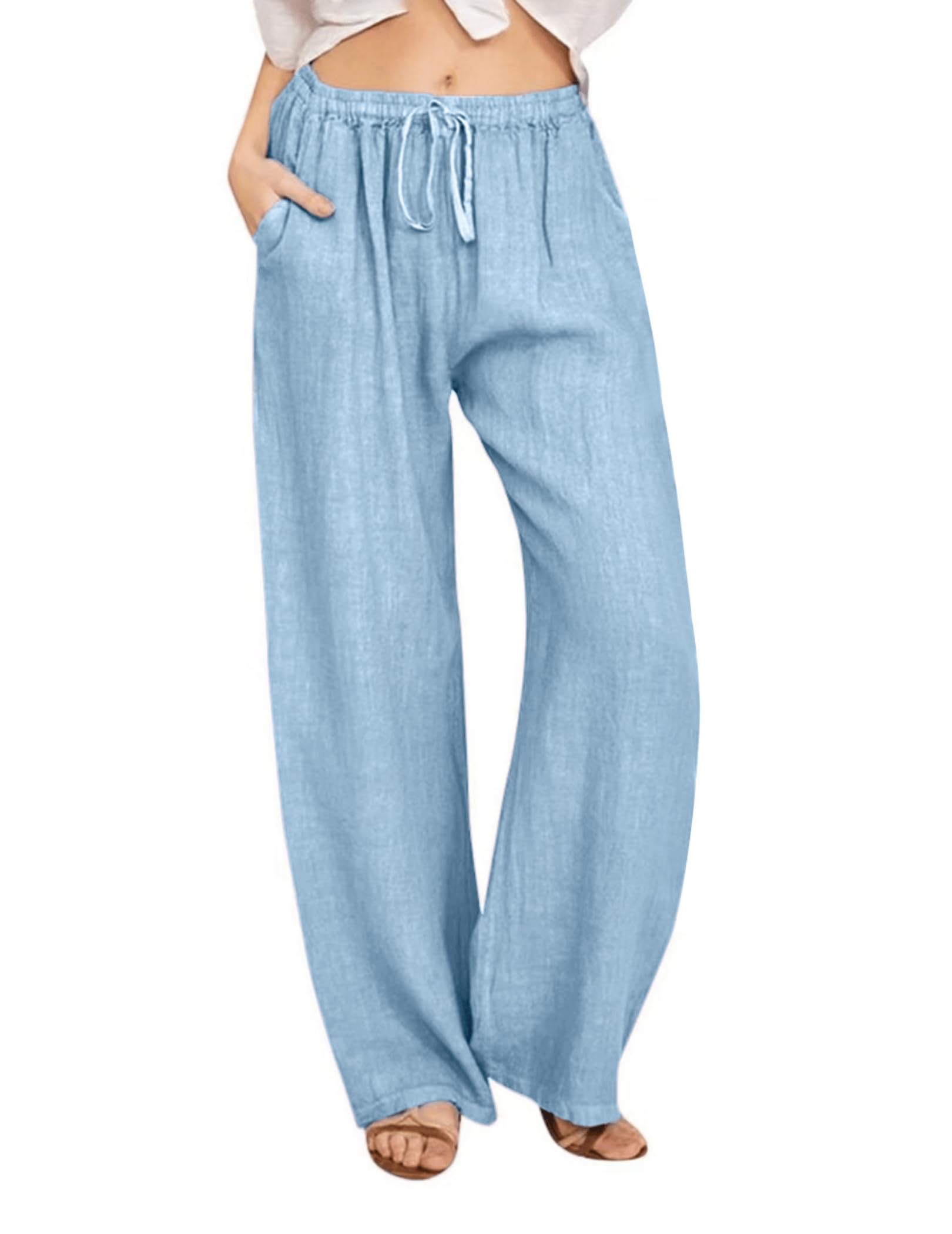 Womens Summer Fashion Linen Pants 2025 Solid Casual High Waist Loose Fit Drawstring Trousers with Pockets