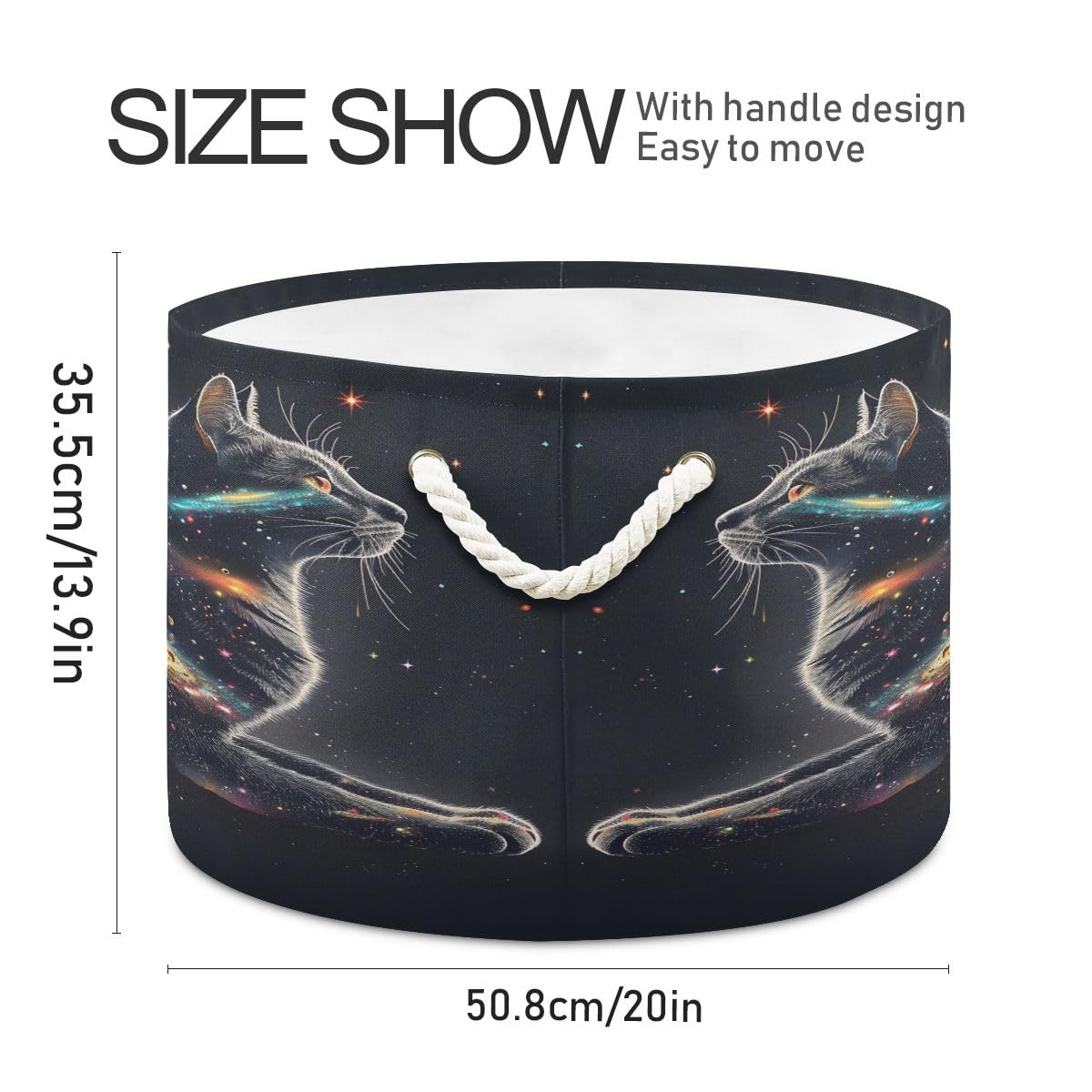 Round Storage Basket Outline Of Cat Filled with Space Stars Galaxies and Planets Open Home Storage Bin 20 * 13.9in