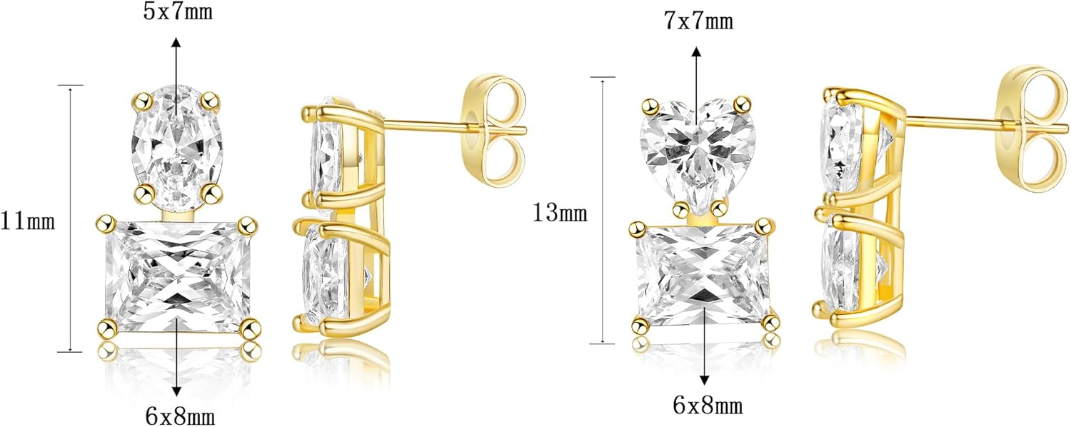 MDFUN 18K Yellow Gold-Plated Cubic Zirconia Stud Earrings for Women – 2 Pairs Heart Oavl Rectangle CZ Hypoallergenic Earrings - Image 7