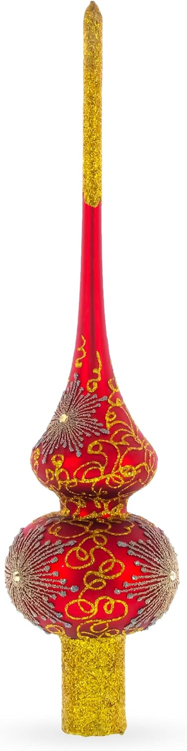 Radiant Jeweled Snowflake on Red Blown Glass Christmas Tree Topper 11 Inches