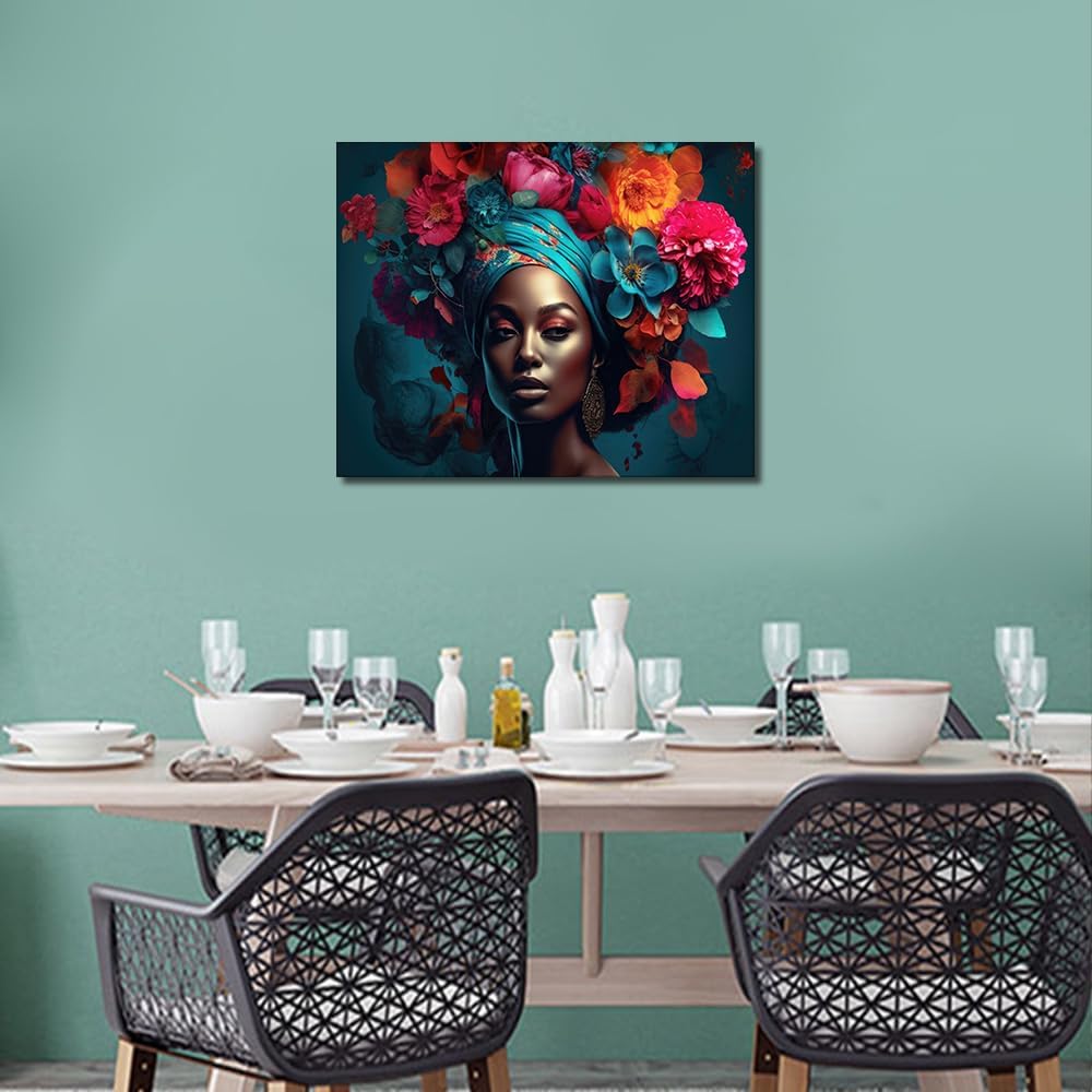 Paint By Number Kit for Adults Kid Black Woman in Floral Painting by Numbers Headband with Flowers Oil Painting Kits for Wall Decor Kids 16" x 20"(with Frame)