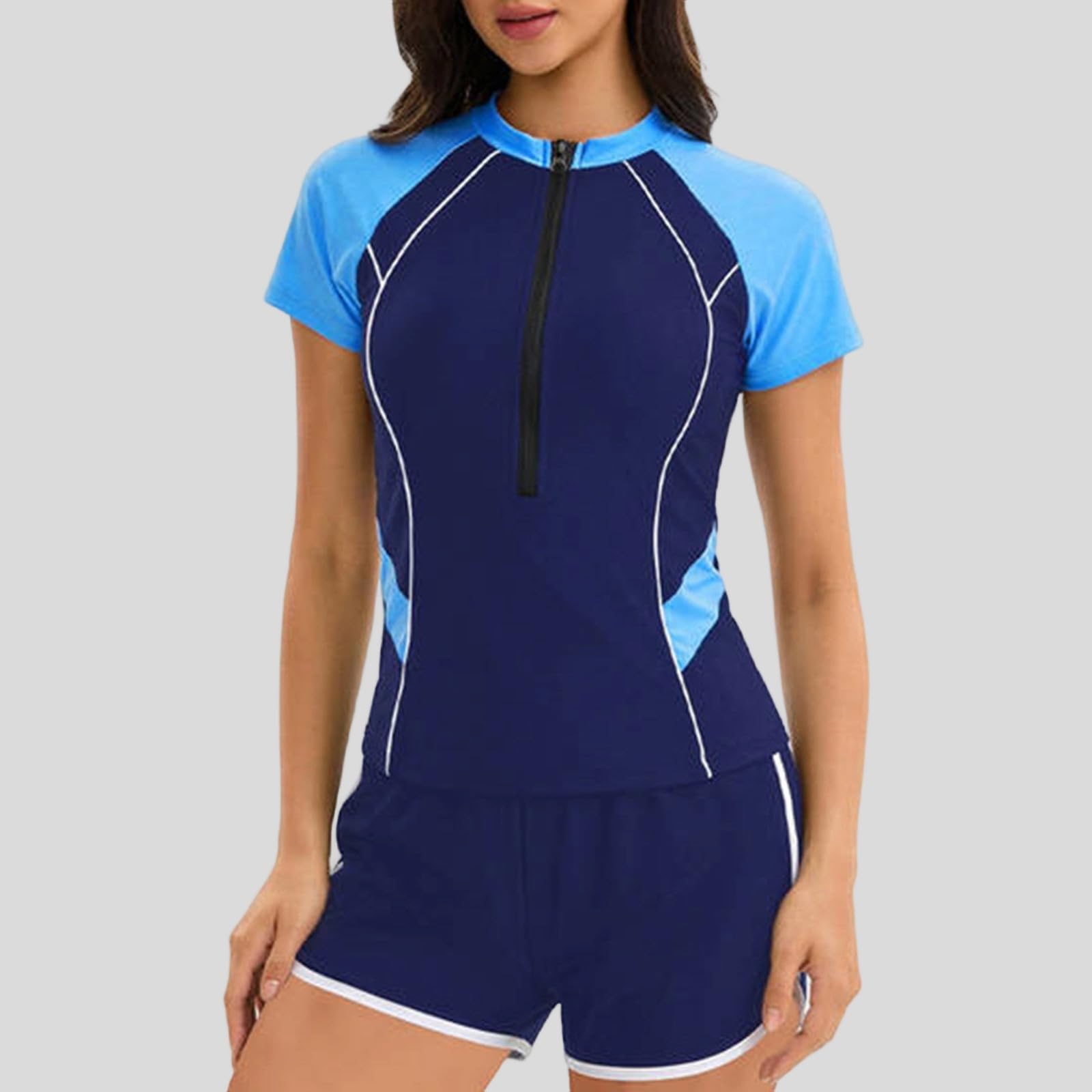 Generisch Rash Guard - Costume da bagno da donna, a maniche corte, protezione UV, ad asciugatura rapida, con reggiseno, costume da bagno intero