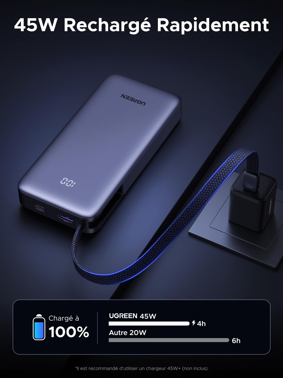 UGREEN Nexode 55W Batterie Externe 20000mAh CCC Power Bank Charge Rapide Câble USB C Intégré PD 45W LED Chargeur Portable PC Compatible avec Xiaomi Note 15 14 13 Poco M8 M7 iPhone 17 16 Galaxy S26 S25