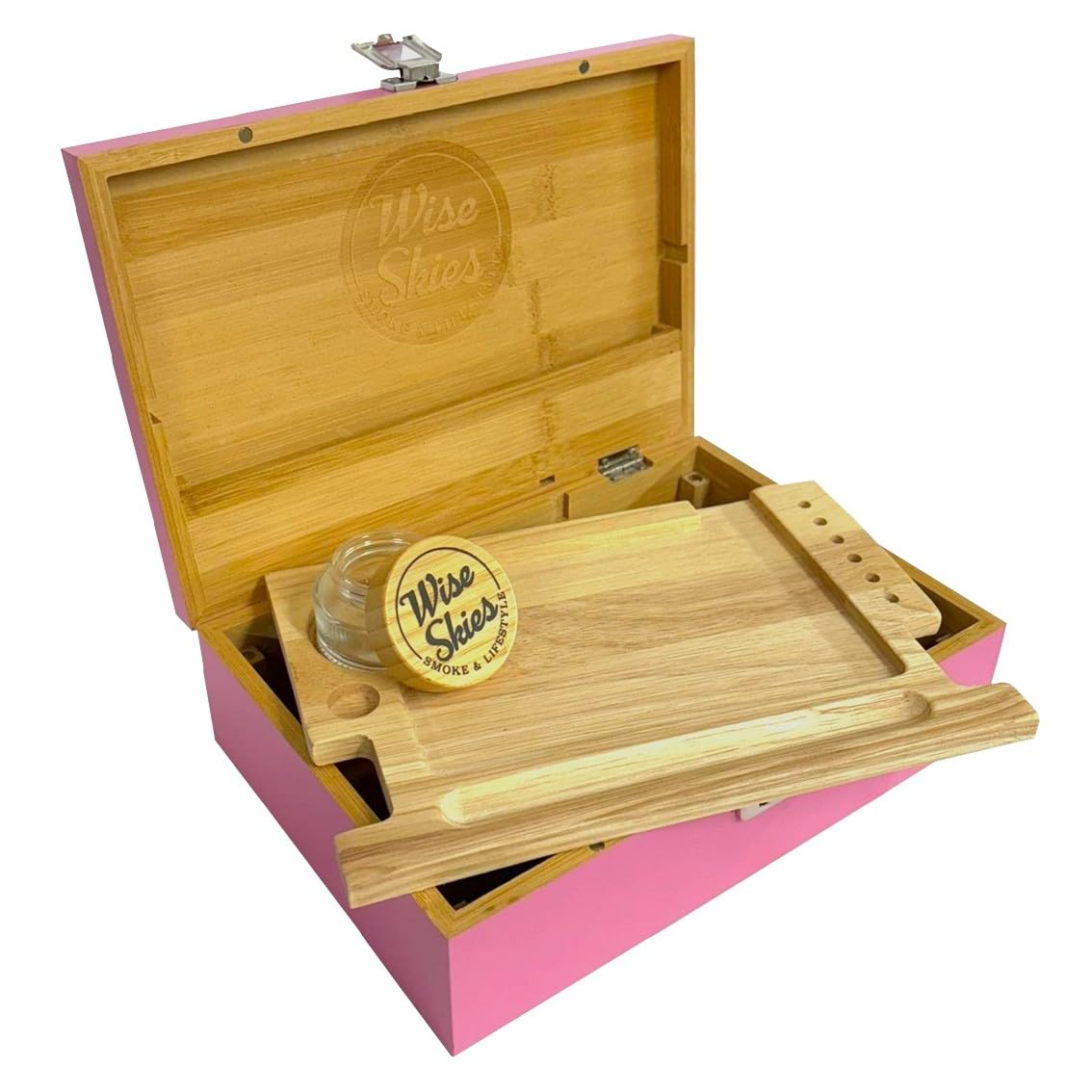 Wise Skies Pink Bamboo Extra Large Rolling Box Set – Premium Storage Organizer With Inner Tray, Compartments & Glass Storage Jar – Smoke & Lifestyle Accessory Box