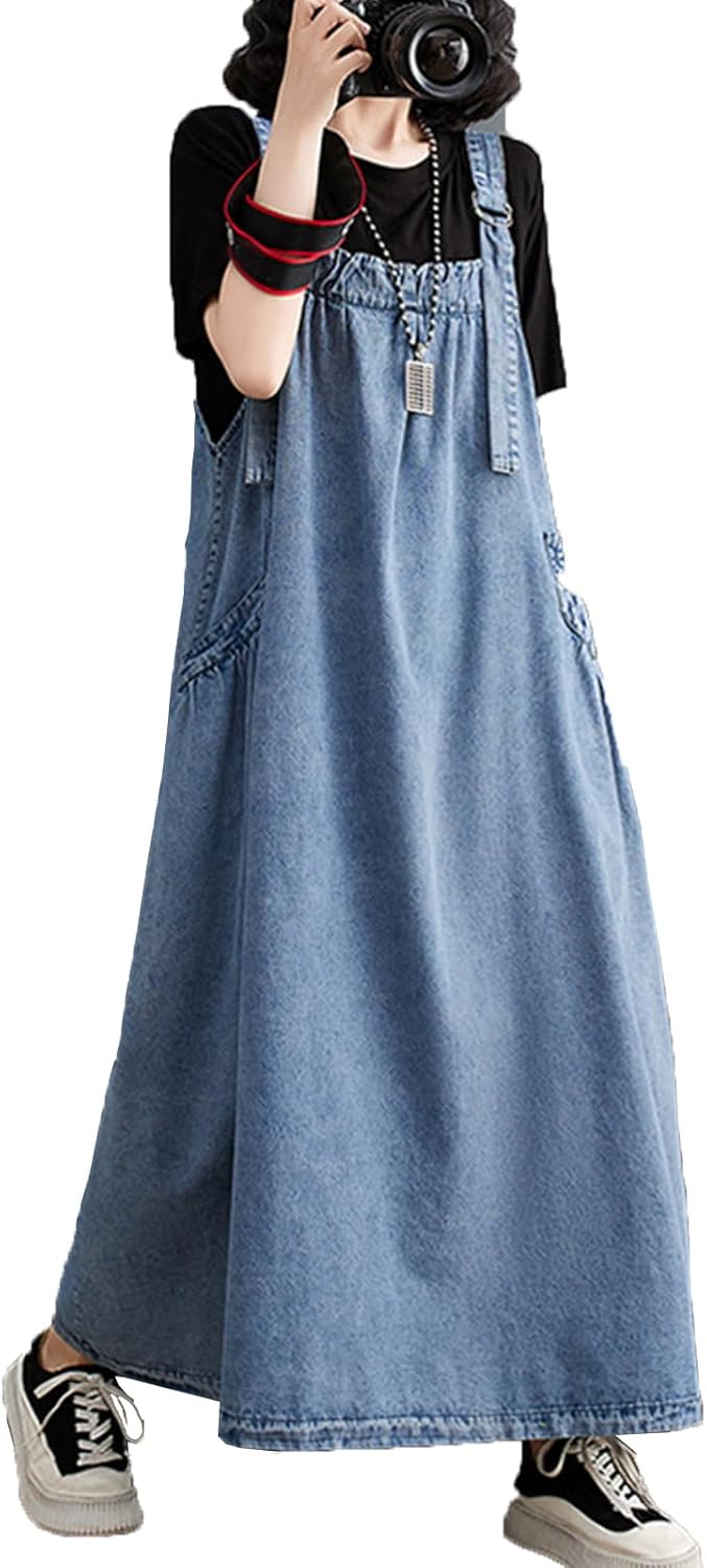 Denim Jumper Dress for Women Maxi Loose Adjustable Straps Long Jean Dresses Plus Size Overall Dress with Pockets - Image 2