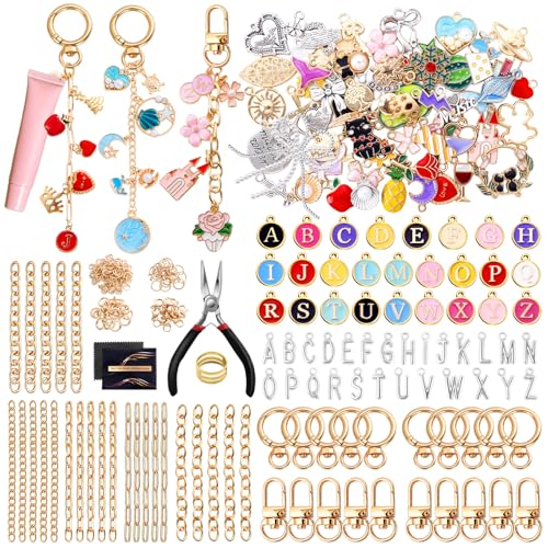 Wurosi 325Pcs Charms Lip Gloss Keychain Making Kit Including 20 Keychain Clips 25 Extender Chain 118 Charms Jewelry Plier Bag Charm Kit Keychains Making Supplies for Jewelry Making Christmas Gifts
