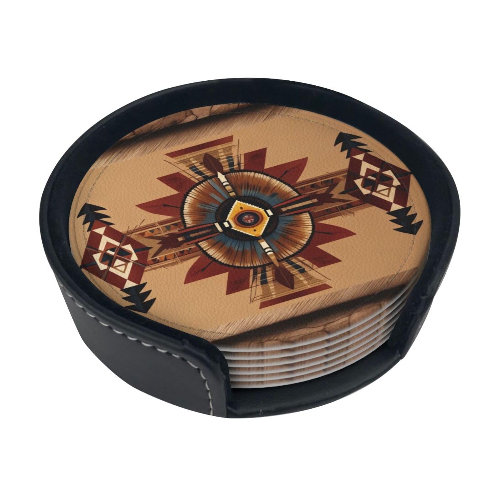 Cntdbu White Native American Patterns Leather Coasters Set Of 6-Pu Leather Drink Mats For Table, Heat Resistant Round Coasters With Holder