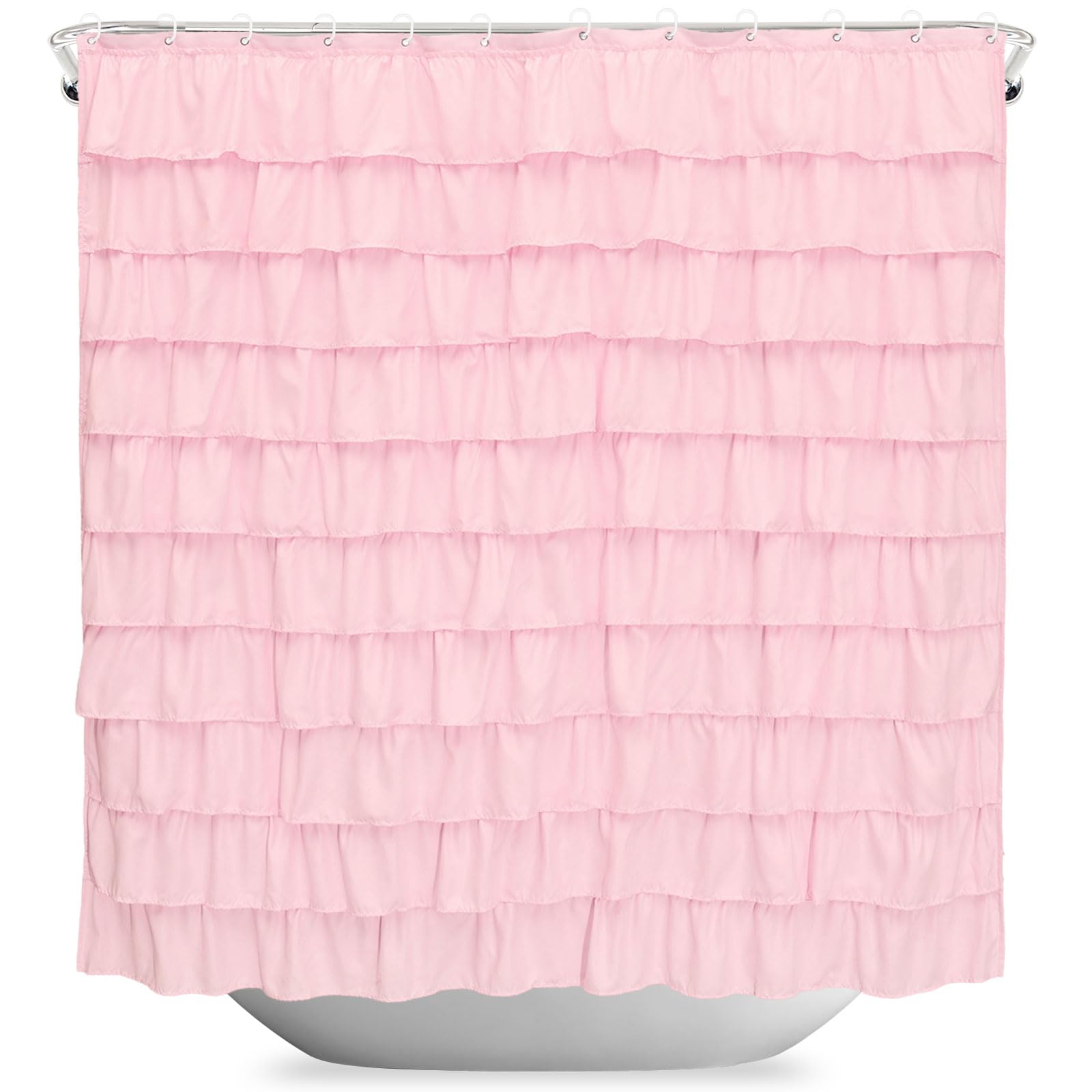NZWBSHSSP Pink Ruffle Shower Curtain Farmhouse Bathroom Curtain with Elegant Layered Ruffles Rustic Shabby Chic Style 72x72 Inch Decorative Drapes for Bathroom(Pink)