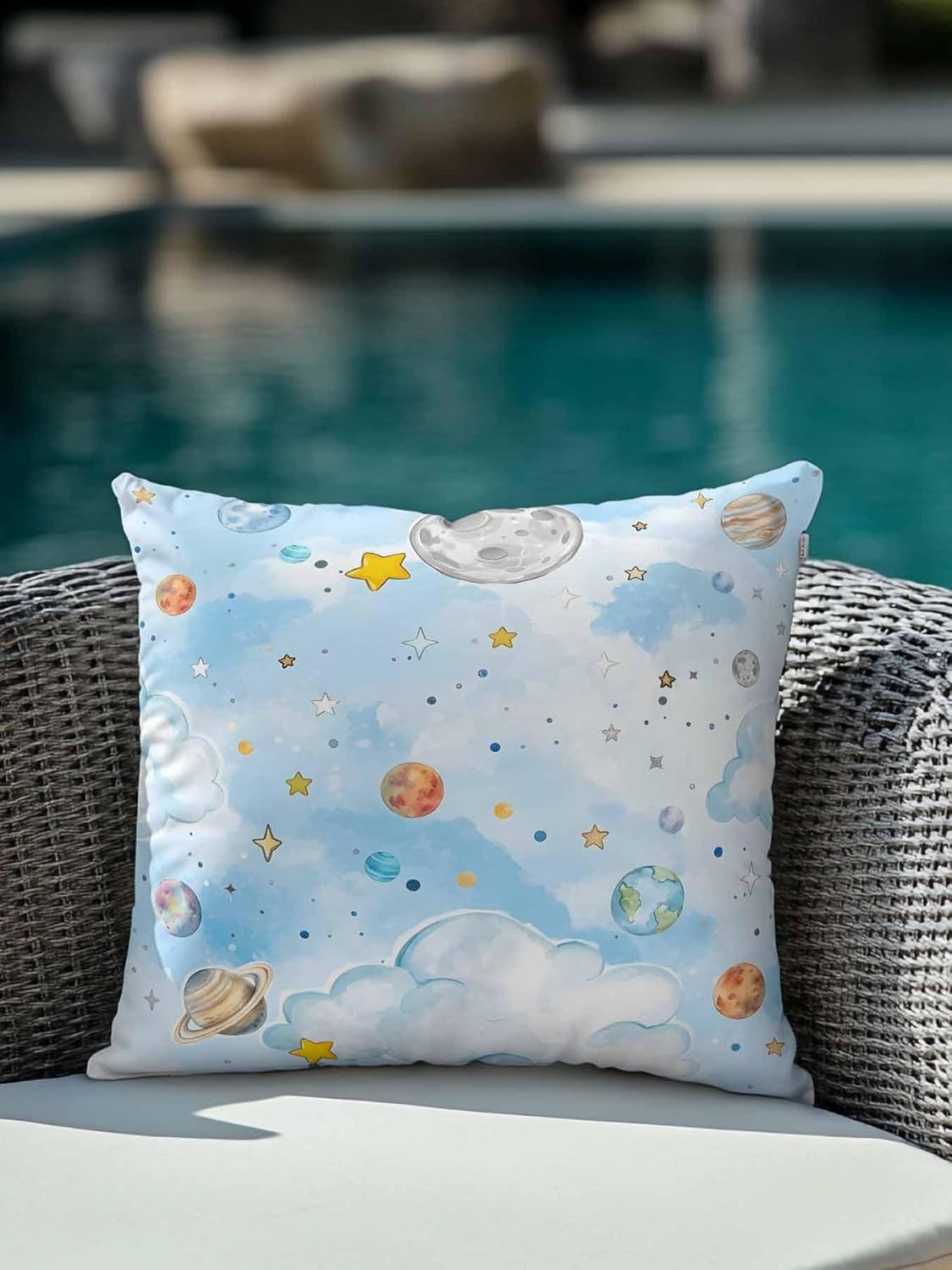 1 Pack Outdoor Pillows Waterproof, Children's Day Indoor/Outdoor Throw Pillows with Inserts, Galaxy Universe Stars Planets Moons Decorative Pillow for Patio Furniture Chairs Couch 18"x18"