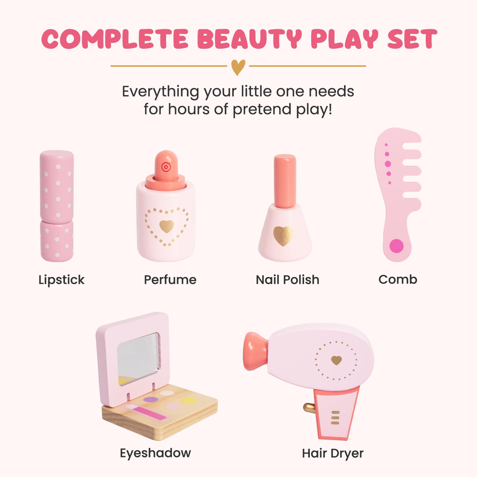 Set da toeletta in legno per bambini, giocattolo da tavolo con specchio girevole a 360°, set di accessori per il trucco, regalo per bambine dai 3 anni in su (bianco)