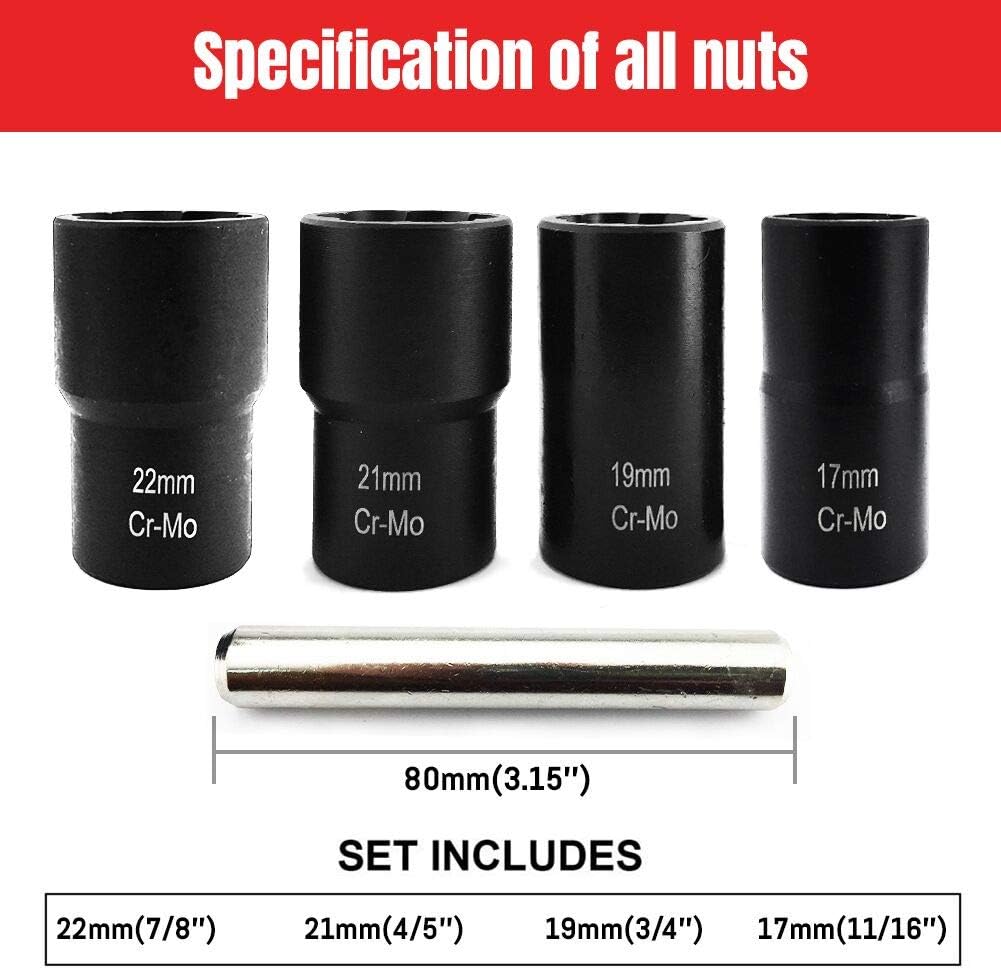 NORTOOLS 5 PCS 1/2” Twist Socket Set, 6-Point Sockets Nut and Bolt Extractor Tool Kit,Bolt & Stripped Lug Nut Remover Socket Tool for Damaged(17 mm, 19 mm, 21 mm, 22 mm)