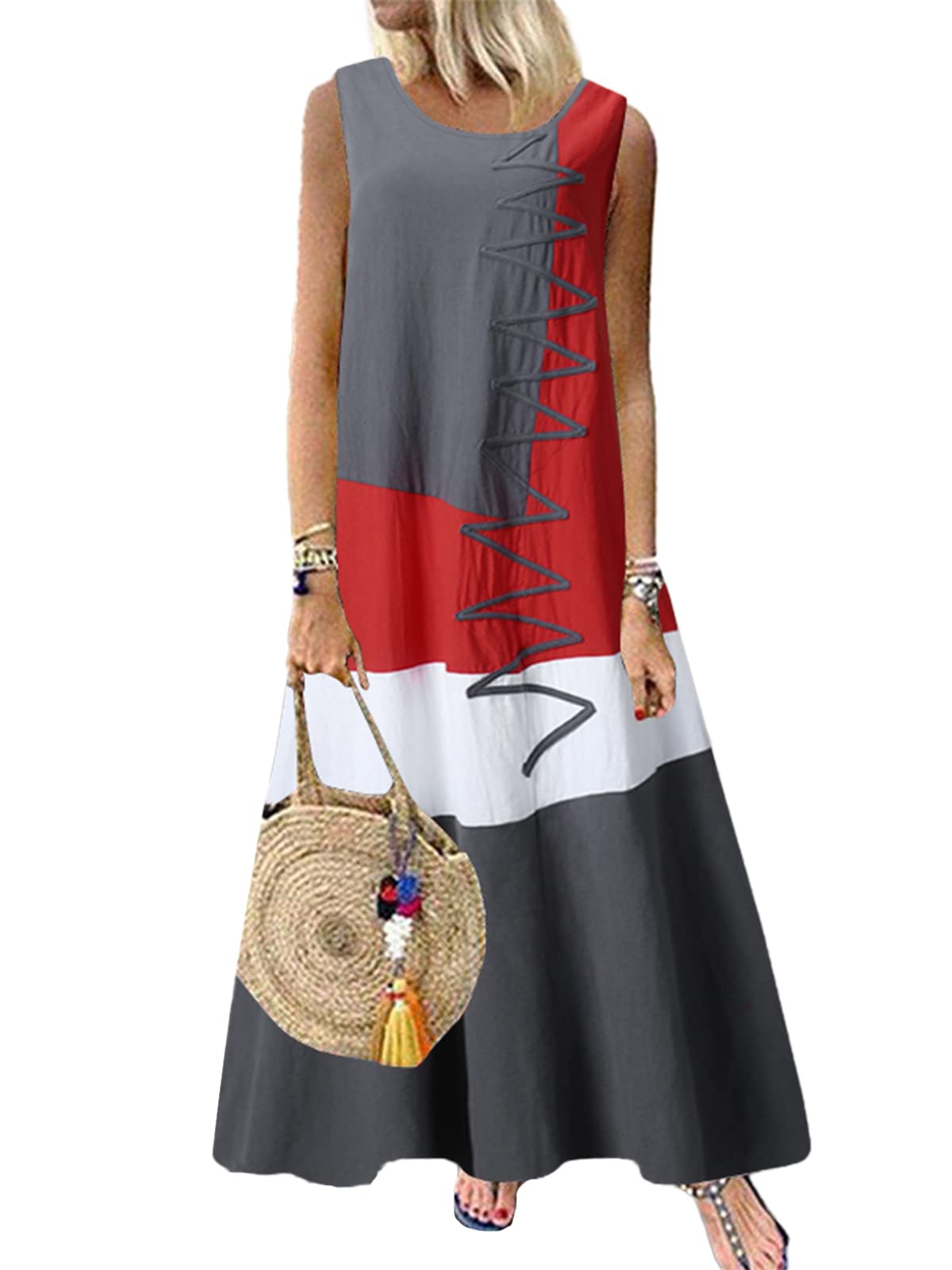 ZANZEAWomen's Sleeveless Round Neck Summer Maxi Long Dresses Color Block Casual Sundress with Pockets