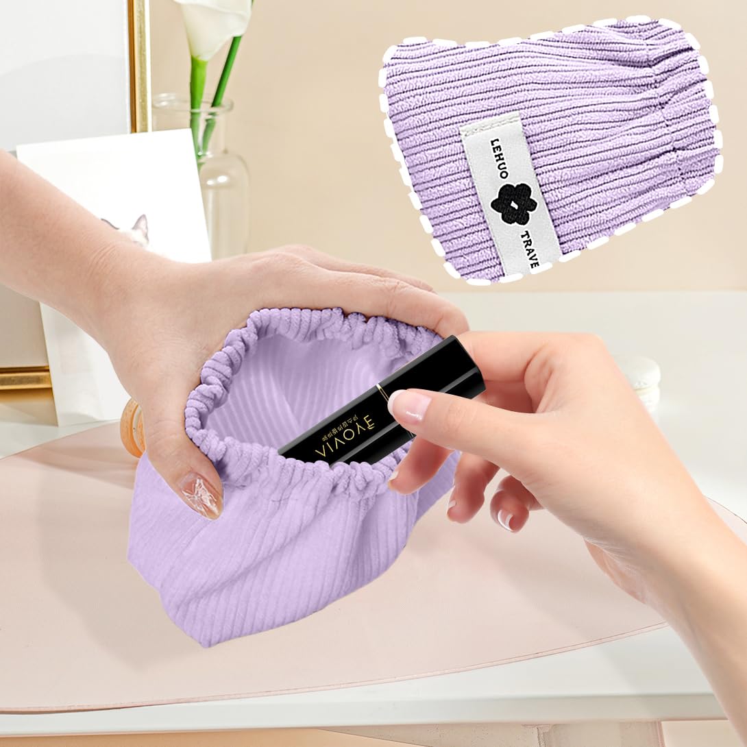 Koonafy 2pcs Corduroy Elastic Hair Tie Organizer Portable Travel Small Makeup Pouch Corduroy Lipstick Storage Bag for Hair Jewelry Lipstick Coin Purse for Women (Apricot+Purple) - Image 2